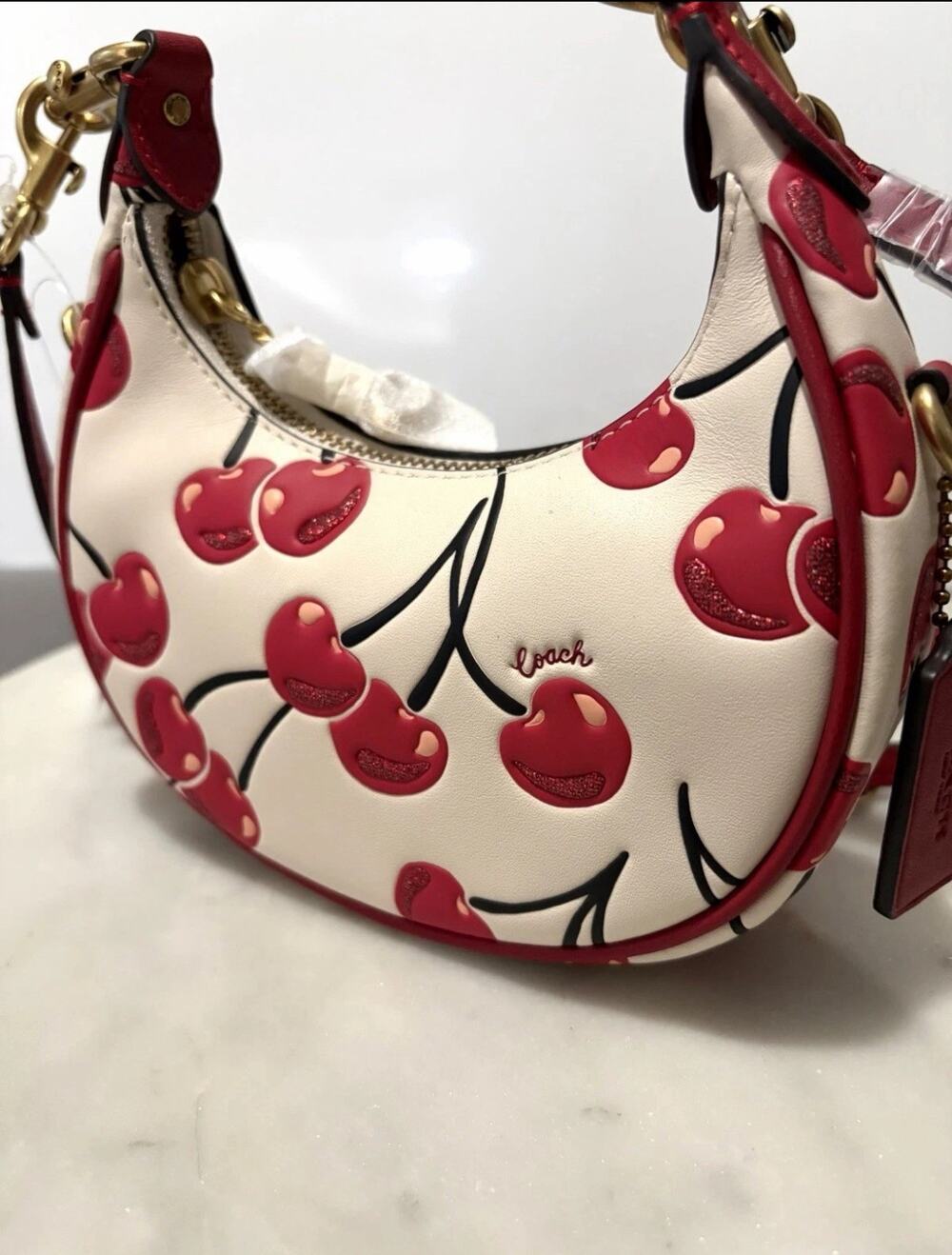 Coach Jonie Cherry White Background Leather Bag Red Strap Small Size NWT